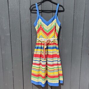 VTG 70s Lanz Originals Chevron Stripe Dress M Coastal Nautical Preppy Midi USA